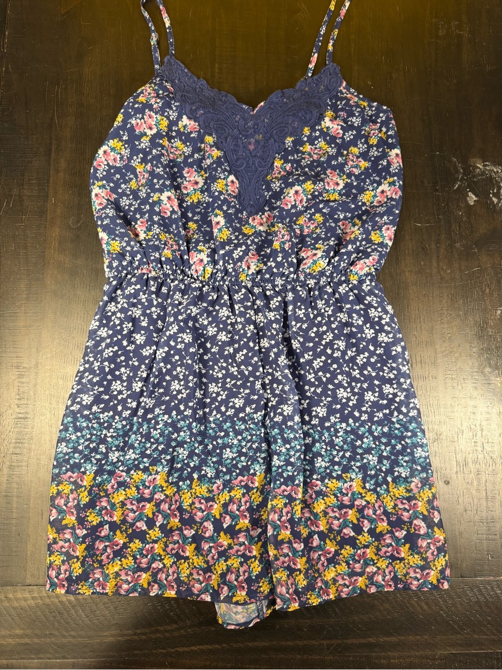 Xhilaration Floral Crochet Lace V-Neck Cami Romper Navy Blue Size Medium